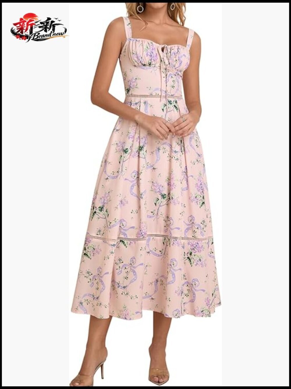 Floral Corset Midi Dress Lace Up Cutout Flow Summer Wedding Guest Dress with